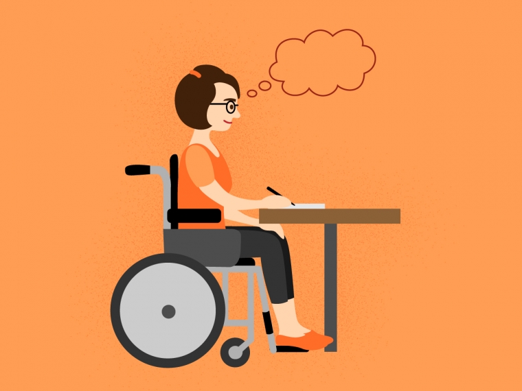 Ilustrácia premýšľajúcej ženy na vozíku